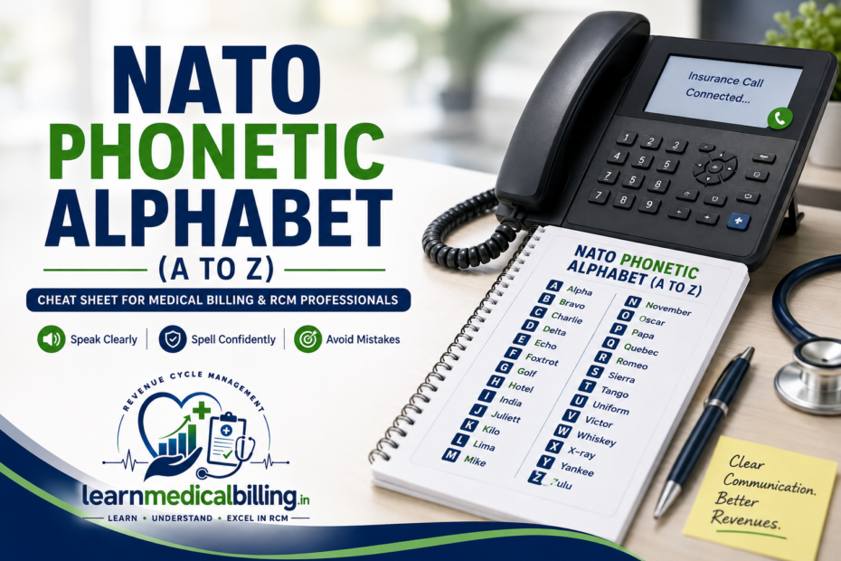 NATO Phonetic Alphabet A to Z cheat sheet for US medical billing, insurance verification, AR callers, and revenue cycle management professionals.