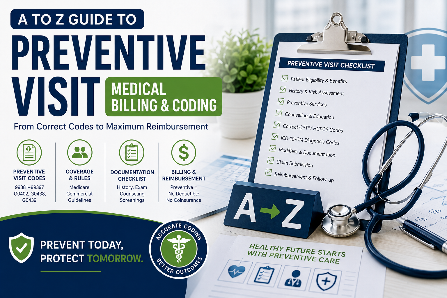 A to Z guide to preventive visit medical billing and coding showing preventive visit codes, Medicare coverage, documentation, CPT HCPCS codes, ICD-10-CM diagnosis codes, billing, and reimbursement.