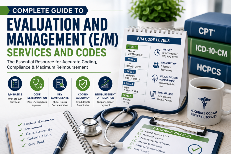 Complete guide to Evaluation and Management E/M services and codes showing E/M code levels, history, examination, medical decision making, coding guidelines, and reimbursement