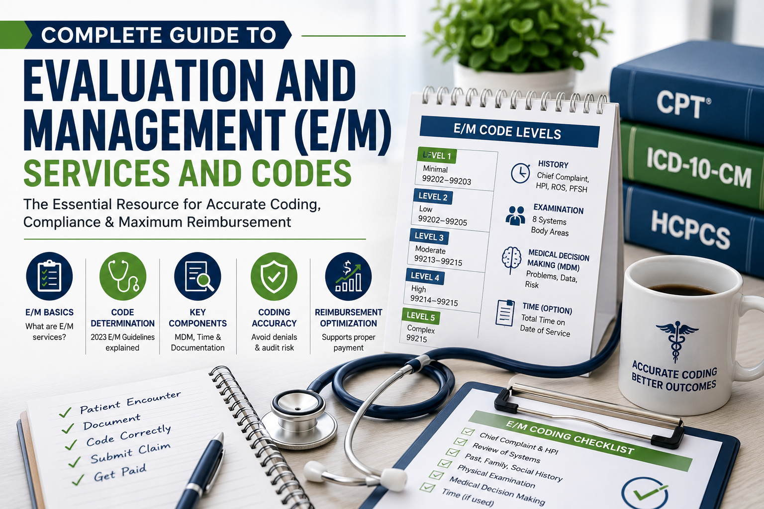 Complete guide to Evaluation and Management E/M services and codes showing E/M code levels, history, examination, medical decision making, coding guidelines, and reimbursement